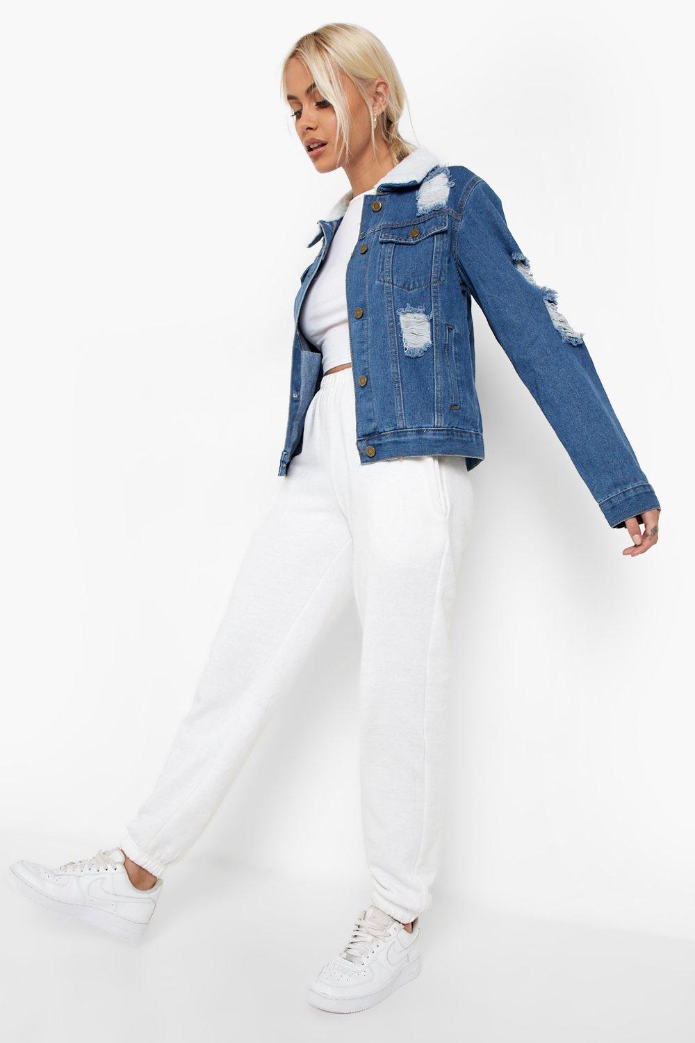 Veste en jean aspect vieilli a col mouton